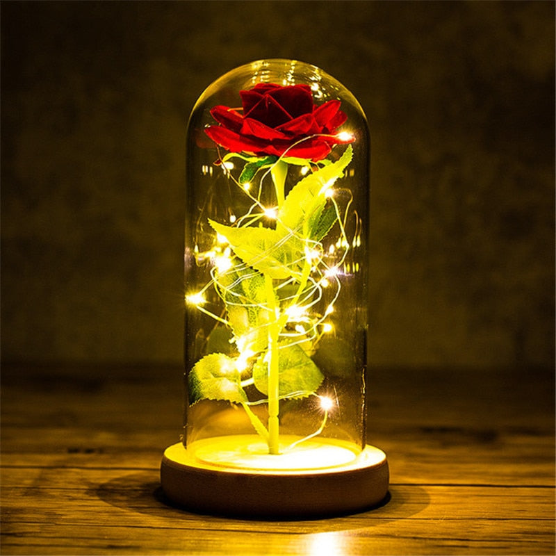 LED Enchanted Galaxy Rose Eternal 24K Gold Foil Flower with String Lights In Dome for Home Decor Christmas Valentine&