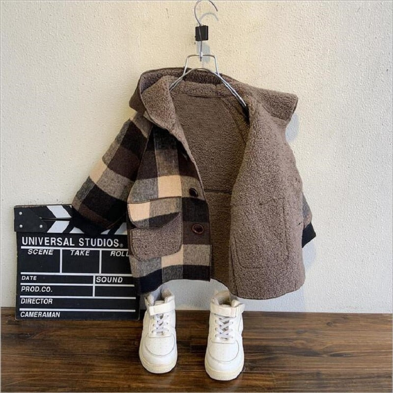 2-8Years Children Clothes Wool Coat For Boys Autumn Winter Plus Velvet Thicken Hooded Jacket For Boy Windbreaker Kids Overcoat