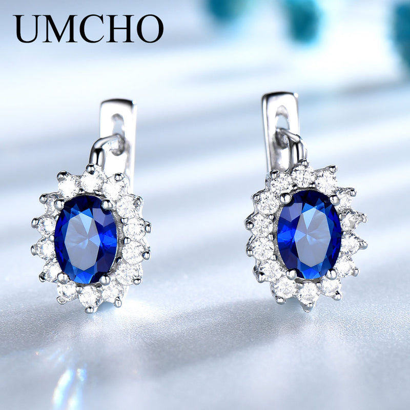 Pendientes de Clip de piedras preciosas de plata de ley 925 sólida UMCHO para mujer, joyería fina de zafiro azul, compromiso de boda, regalo de San Valentín