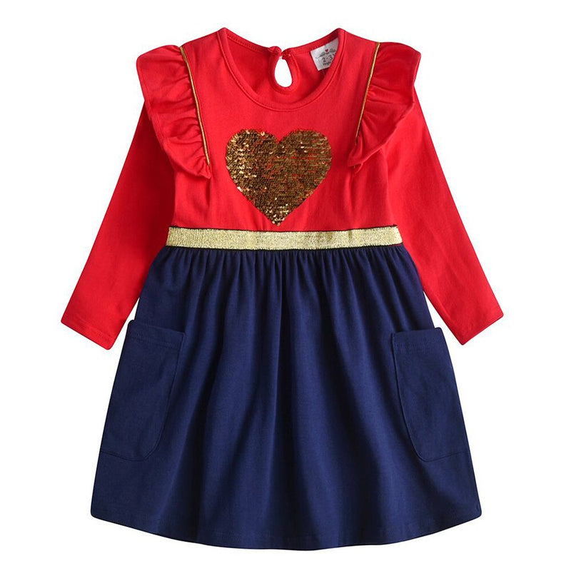 Vestido de algodón para niñas VIKITA, Vestidos con apliques de dibujos animados para niños, ropa informal para niños, Vestidos de retazos de manga larga para niñas