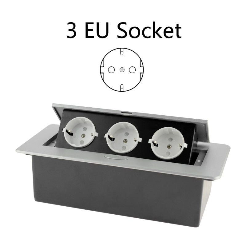 Desktop-Steckdose Tischsteckdose 2 3 DE EU FR-Steckdose mit USB-Aufladung Langsame Pop-up-Abdeckung aus schwarzer silberner Aluminiumlegierung für Besprechungsräume