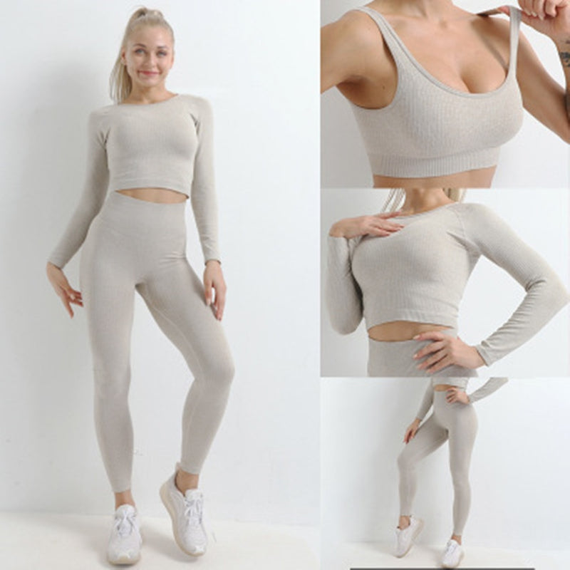 Traje de Yoga sin costuras, conjunto deportivo, ropa de gimnasio, Fitness para mujer, Top corto de manga larga, mallas de cintura alta, conjunto de entrenamiento acanalado, chándales