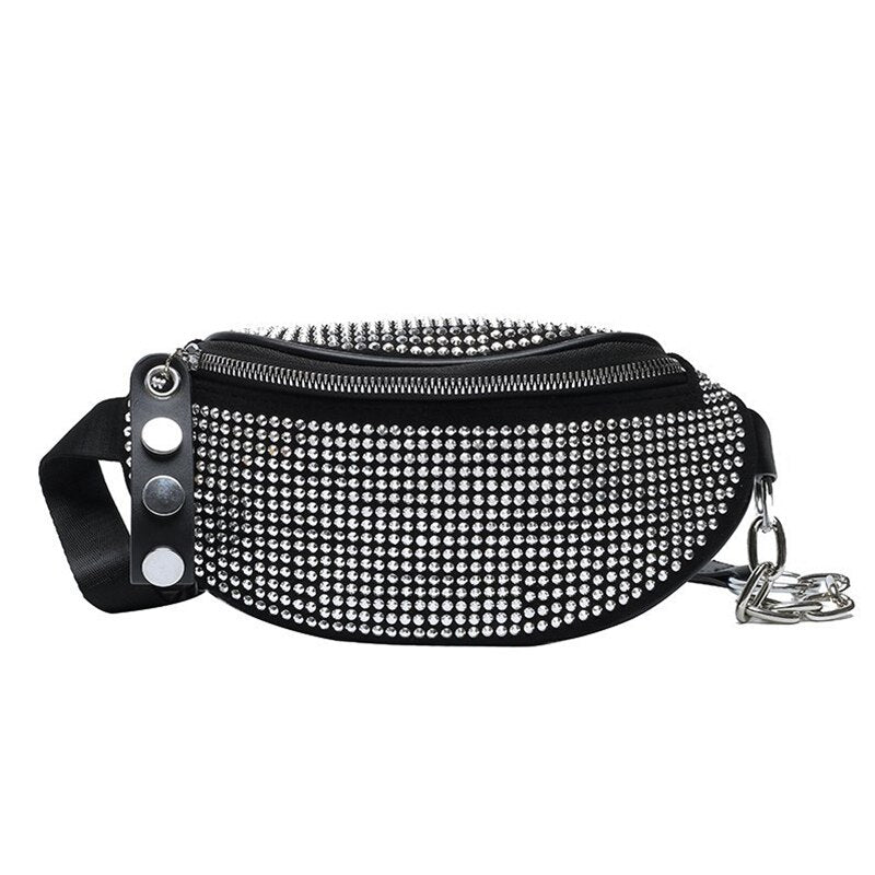 JIEROTYX, bolso de moda con diamantes de imitación para mujer, riñonera, riñonera para el pecho, riñonera informal de viaje con correa de cadena para mujer, riñonera Punk