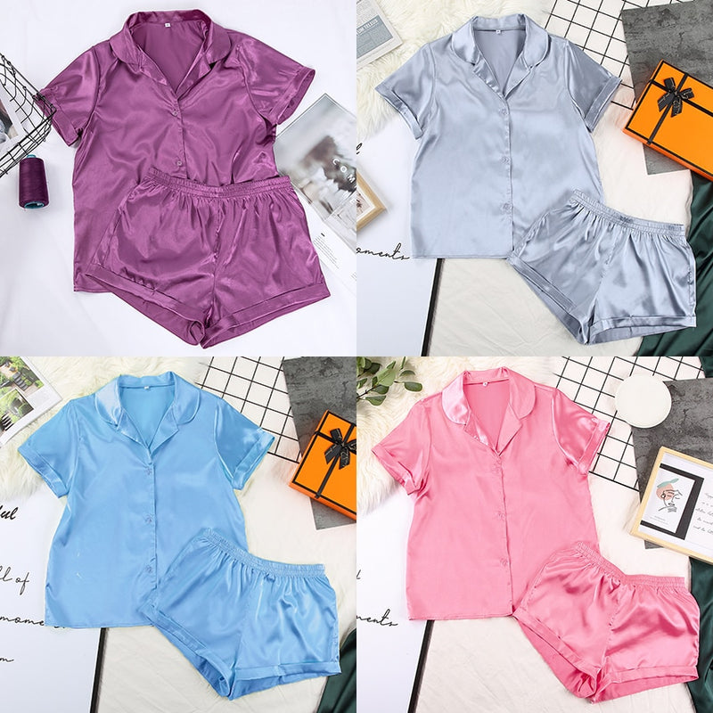 HiLoc Solid Satin Nachtwäsche Seide Pyjama Set Top und Shorts Zweiteiler Pyjama Damen Pyjama Kurzarm Home Suit Casual