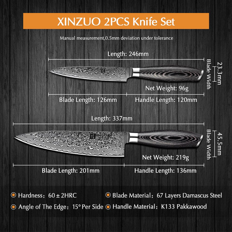 Juego de cuchillos de cocina XINZUO, 2 uds., 67 capas, Damasco, alto carbono, 8 ''Chef y 5'', cuchillo de acero inoxidable con mango de Pakkawood