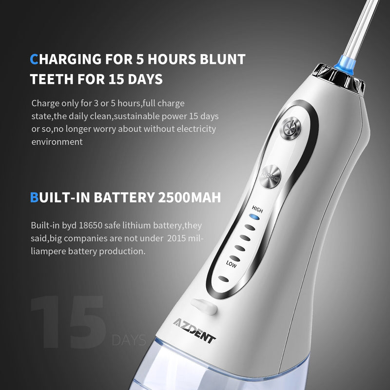 AZDENT Portable Cordless Electric Water Oral Dental Irrigator Flosser USB Rechargeable Teeth Cleaner 5 Modes IPX7 Waterproof