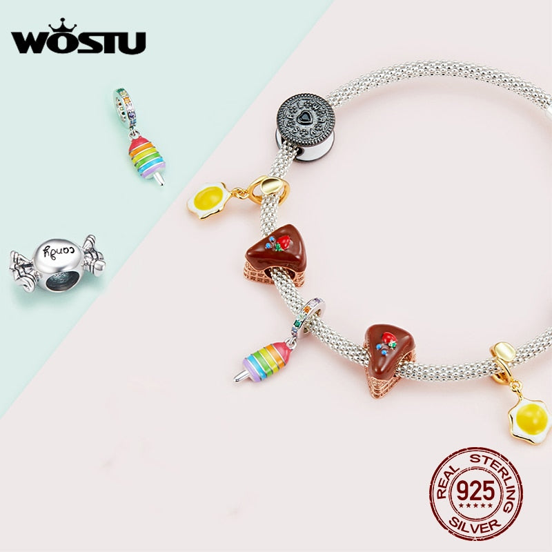 WOSTU 100% 925 Sterling Silver Chocolate Cake Charm Biscuit Candy Bead Enamel Pendant Fit Original Bracelet Necklace Jewelry