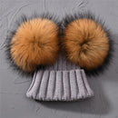 Winter Baby Knit Hat With Two Fur Pompoms Boy Girls Natural Fur Ball Beanie Kids Caps Double Real Fur Pom Pom Hat for Children
