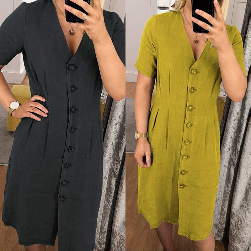 ZANZEA Women V neck Buttons Down Dress Summer Sleeveless Cotton Linen Sundress Casual Sarafans Vestido Party Tanks Dress