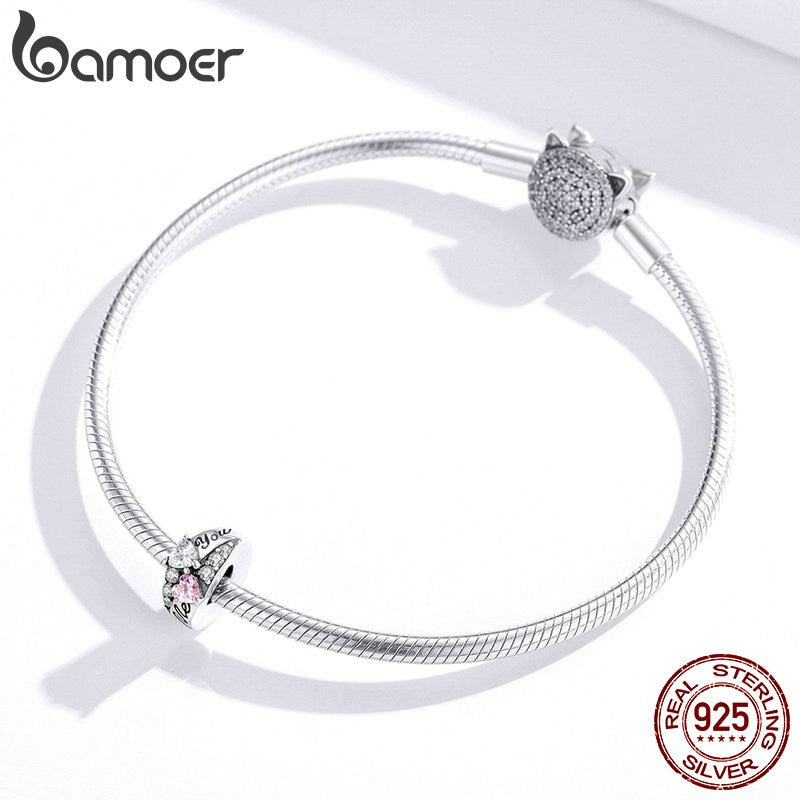 Bamoer Plata de Ley 925 dulce corazón anillo en forma de encanto para mujer Original plata DIY pulsera boda declaración joyería BSC283