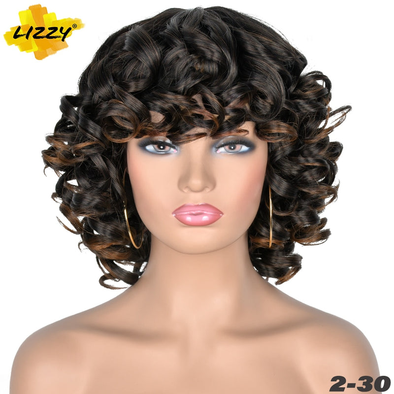 Short Hair Afro Curly Wig With Bangs Loose Synthetic Cosplay Fluffy Shoulder Length Natural Wigs For Black Women Dark Brown 14&quot;