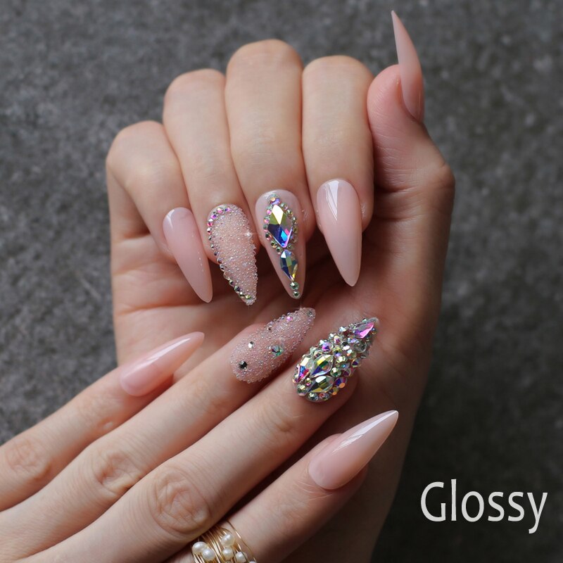 Gloss swan bling crystal fake nail nude luxury wedding party Shiny Stiletto false nails pingk diamond Irregular crystal