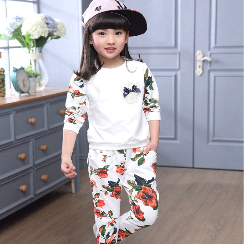 Winter Children Clothing Sets for Girls Floral Baby Girl Clothes Cotton Kids Tracksuit Sweatshirt+Pants Christma Costume Outfit