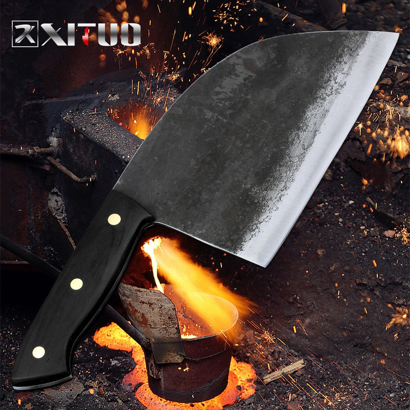 XITUO Full Tang Handmade Forged Chef Knife Hard Clad Steel Blade Butcher Slaughter Cleaver Knife Kitchen Chopping Slicing Tool