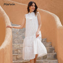 Marwin Long Simple Casual Solid Hollow Out Pure Cotton Holiday Style High Waist Fashion Mid-Calf Summer Dresses NEW Vestidos