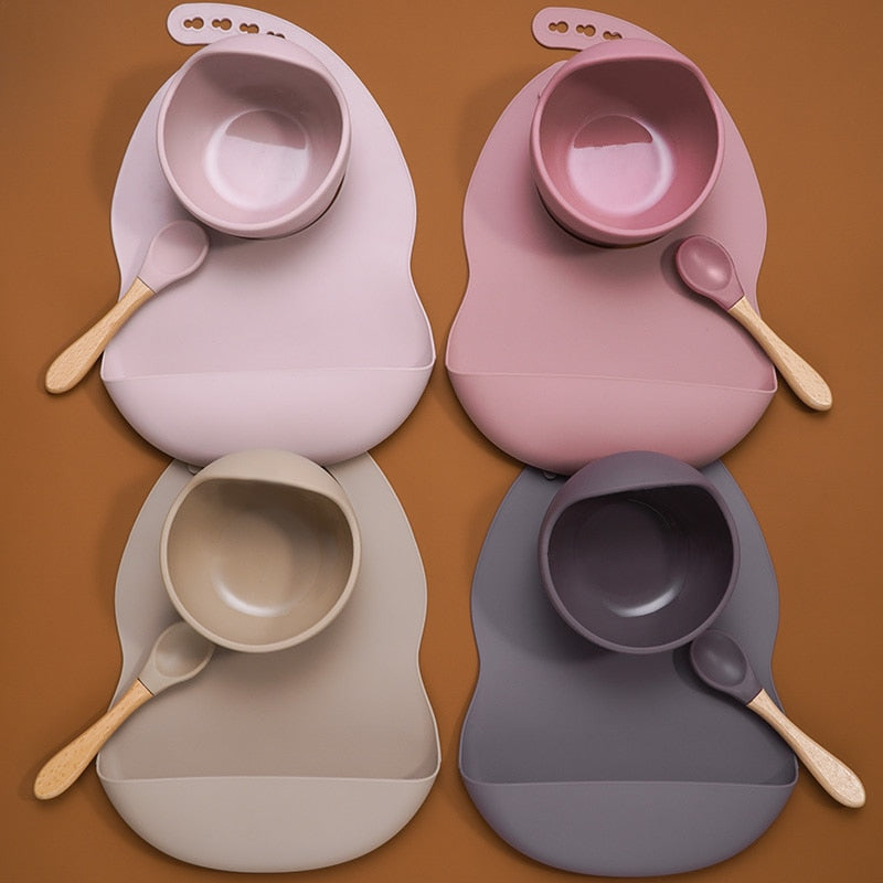 BPA Free Baby Silicone Tableware Waterproof Bib Flexible Saliva Towel Solid Color Sucker Bowl And Spoon For Children