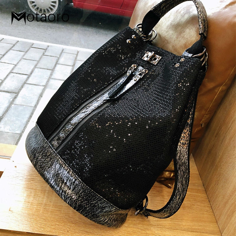 New Fashion Sequins Leather Laptop Backpack Women Female Personality Lock Anti Theft Bagpack Travel Mochila Feminina  Back Pack