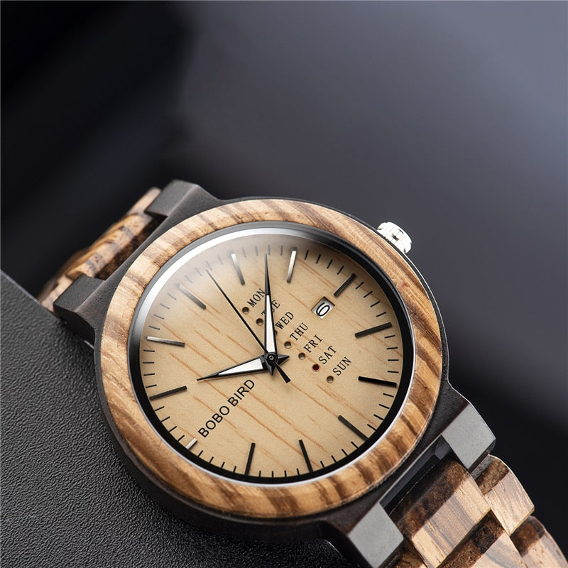 BOBO BIRD Wood Watch Men relogio masculino Week and Date Display Timepieces Fashion Casual Wooden Clock Boyfriend Best Gift