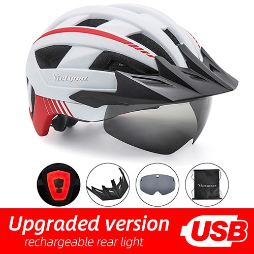 Victgoal Bicycle Helmet LED Moutain Road USB Rechargeable Light Cycling Helmet For Man Sun Visor Goggles Men MTB Bike Headgear