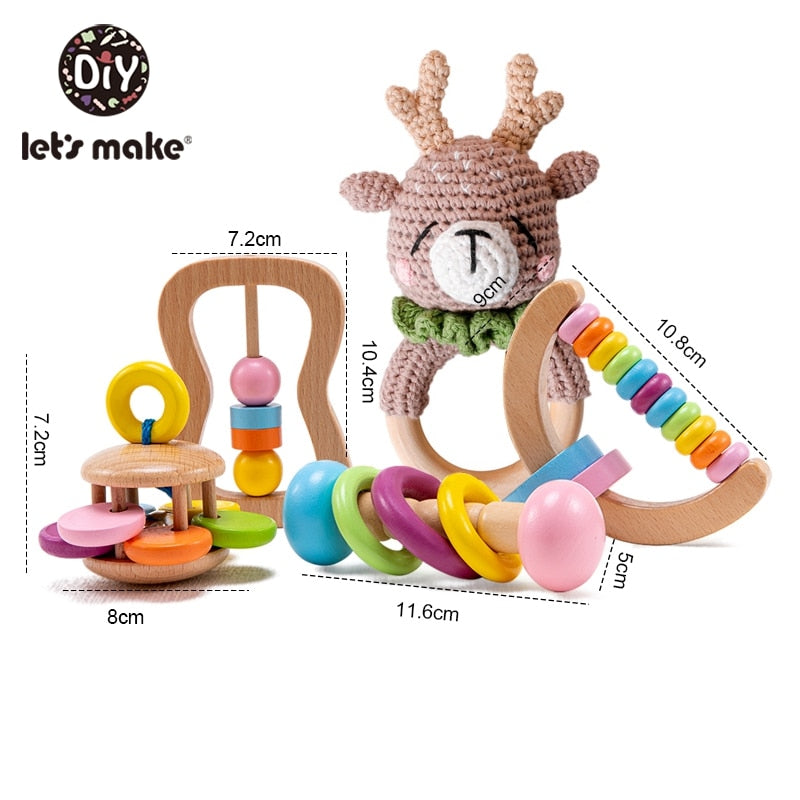 5PCS Organic Safe Wooden Toys Baby Montessori Toddler Toy Grip DIY Crochet Rattle Soother Bracelet Teether Toy Set Baby Product