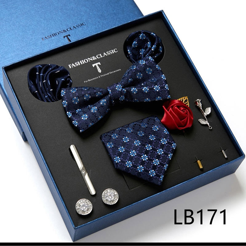 Envío Gratis, conjunto de corbata para hombre, caja de regalo de lujo, conjunto de corbata de seda, 8 Uds., embalaje interior, regalo festivo, pañuelos de bolsillo