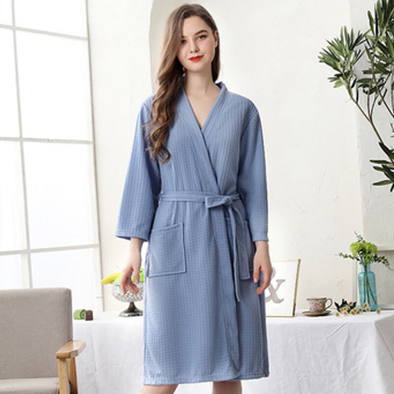 Frauen Sommer 2021 Langer Weicher Bademantel Pyjama Kimono Solide Waffel Bademantel Mit Schärpen Morgenmantel Nachtwäsche Weibliche Homewear