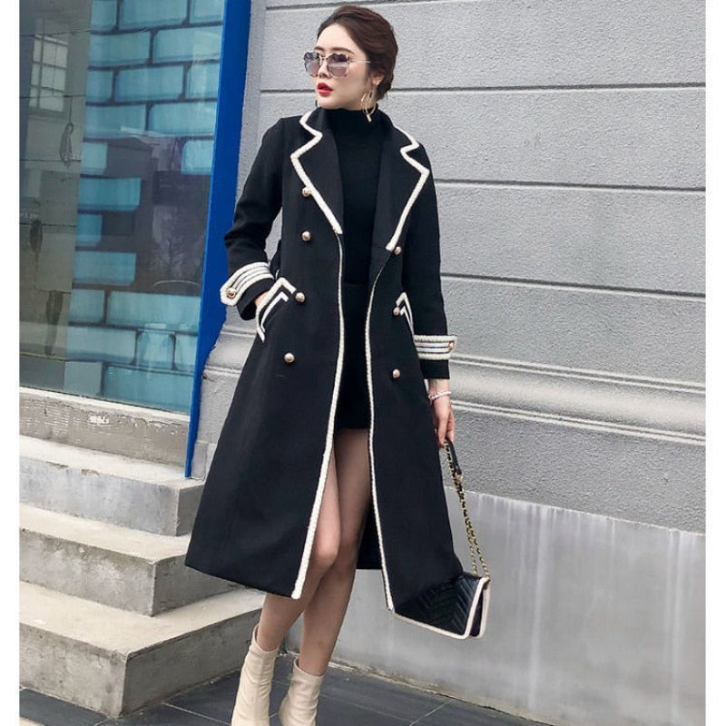 Korean Fashion Wool Coat Women Autumn Winter Thick Warm V-Neck Belt Long Overcoat Office Lady Elegant Slim High Quality Outwear