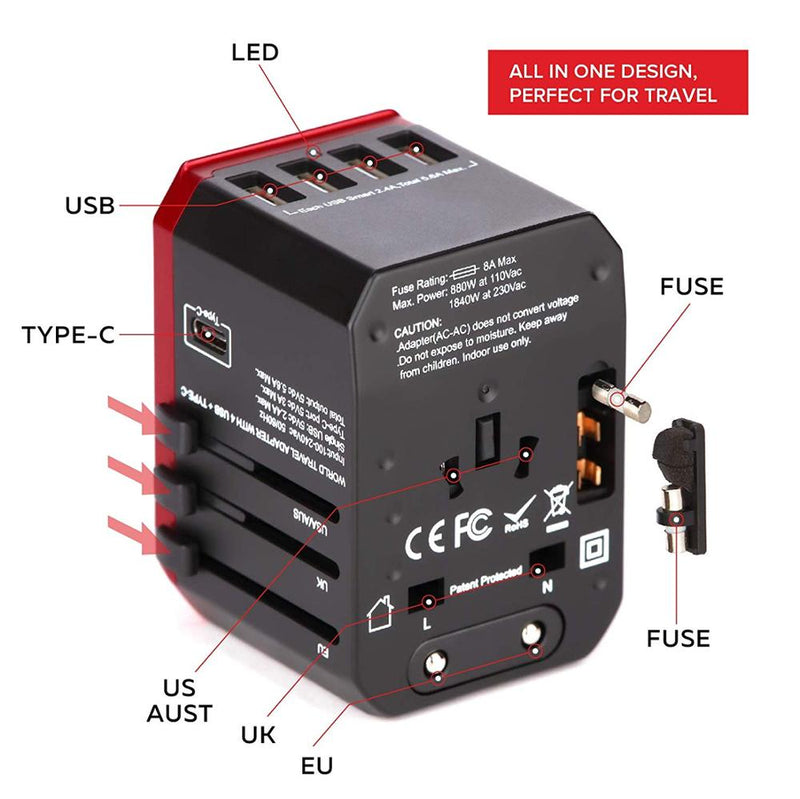 Adaptador de viaje Rdxone Adaptador de corriente universal internacional Todo en uno con 5 USB Cargador de pared mundial para Reino Unido / UE / EE. UU. / Asia