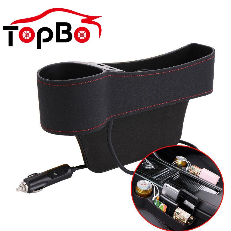 Auto Autositz Gap Organizer PU Leder Aufbewahrungsbox Getränkehalter Autositz Seitenschlitz Tasche Aufbewahrungstasche mit zwei USB-Ladeanschlüssen