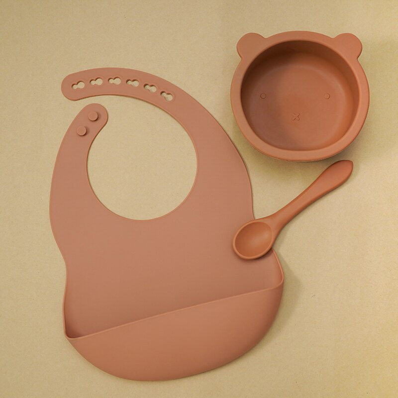 BPA Free Baby Silicone Tableware Waterproof Bib Flexible Saliva Towel Solid Color Sucker Bowl And Spoon For Children