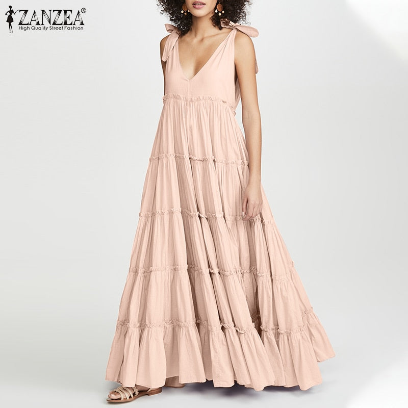 Women Summer Maxi Long Dress ZANZEA Fashion Lace Up V Neck Ruffles Sundress Solid Sleeveless Party Casual Sarafans Vestidos7