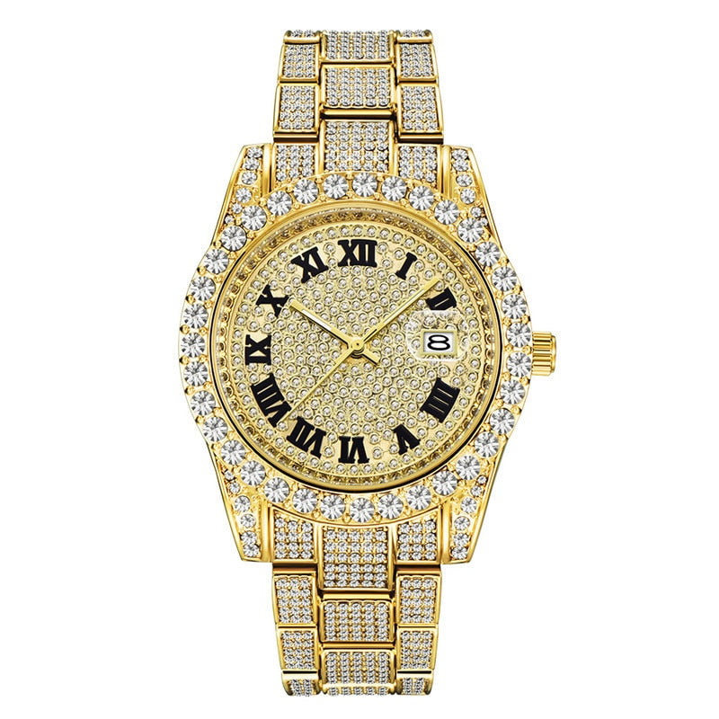 Hip Hop Full Iced Out Mens Relojes Fecha de lujo Relojes de pulsera de cuarzo con Micropaved Cubic Zircon Reloj para mujeres Hombres Joyería