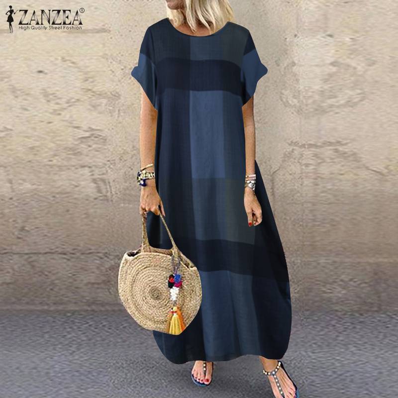 ZANZEA, Vestido largo bohemio con estampado de lunares, Vestido veraniego para mujer 2022, Vestido informal de manga corta a cuadros, Vestido de fiesta