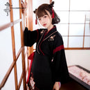 Japanese Dress Kimono Woman Black White Cat Embroidery Skirts Vintage Asian Clothing Yukata Haori Cosplay Party 2 Pieces Sets