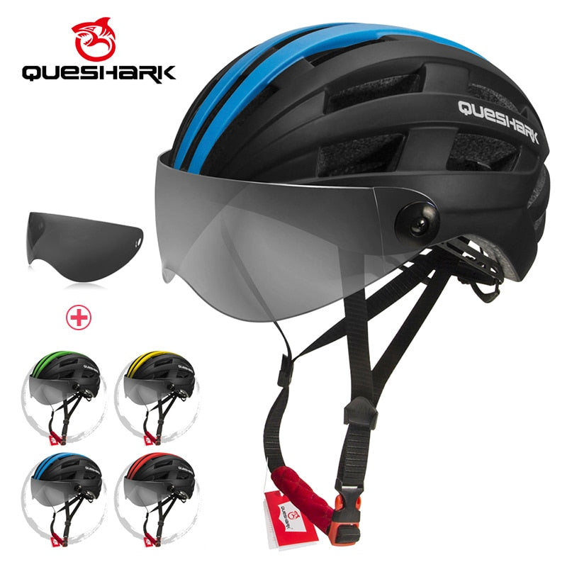 QUESHARK Men Women Ultralight Cycling Helmet MTB Road Bike Bicycle Motorcycle Riding Removable Transparent Lens Safely Cap QE116