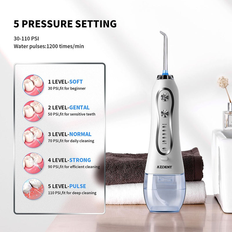 AZDENT Portable Cordless Electric Water Oral Dental Irrigator Flosser USB Rechargeable Teeth Cleaner 5 Modes IPX7 Waterproof