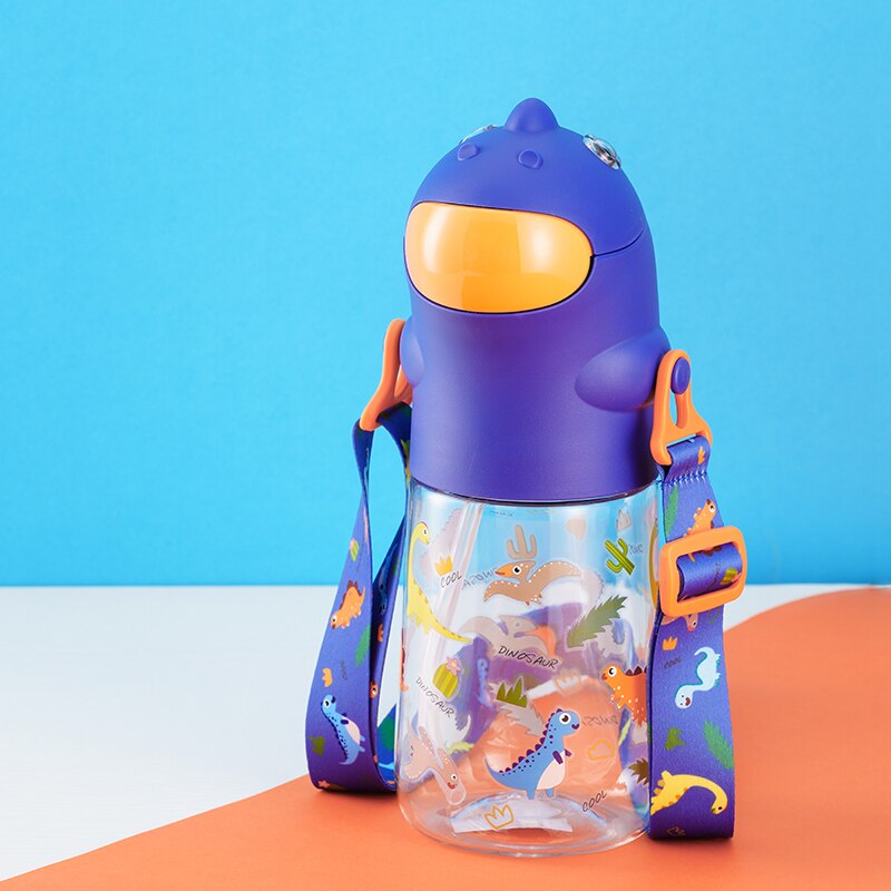 Nueva tetera de paja para niños Pinkah con correa para el hombro, botella de agua de plástico portátil para escuela, forma creativa de dinosaurio de dibujos animados, 450ML