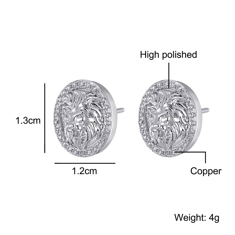 Hip HOP 1Pair Zircon Micro Paved Lion Iced Out Rhinestone CZ Stone Round Bling Stud Earring Copper Earrings For Men Jewelry