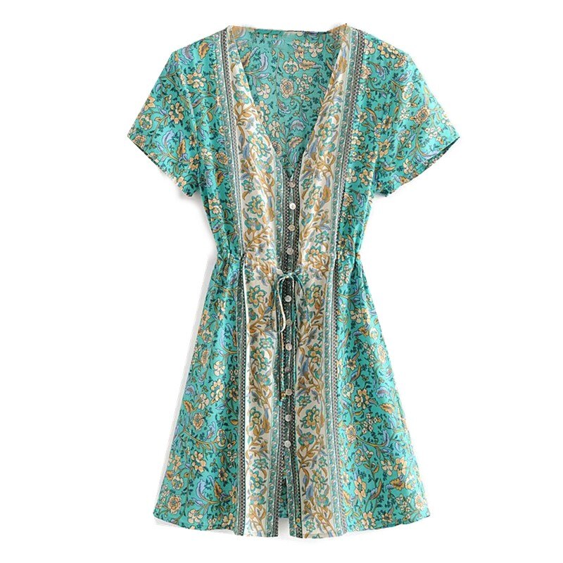 2020 Bohemia Camelia estampado Floral vestido de verano vacaciones mujer encaje hasta la cintura botón de un solo pecho vestidos de manga corta playa