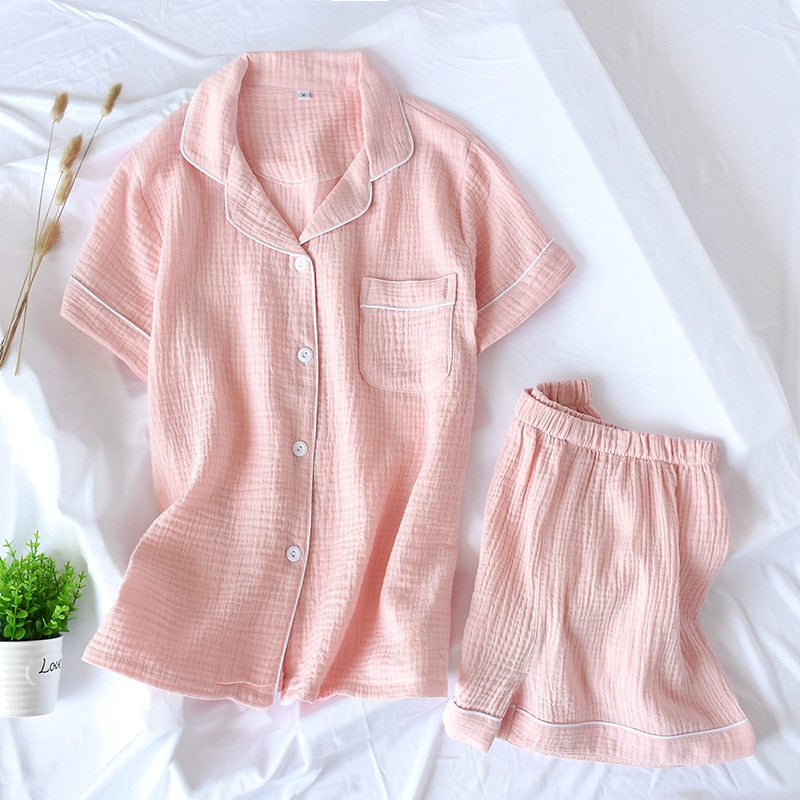 Japanese-style new summer ladies cotton double-layer crepe gauze short-sleeved shorts pajamas suit large size home service women