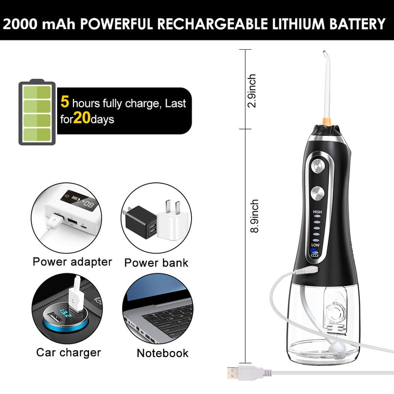 Tragbare Munddusche 300 ml Zahnwasser Flosser Jet 5 Modi Zahnseide USB wiederaufladbare Irrigator Zahnreiniger + Tasche