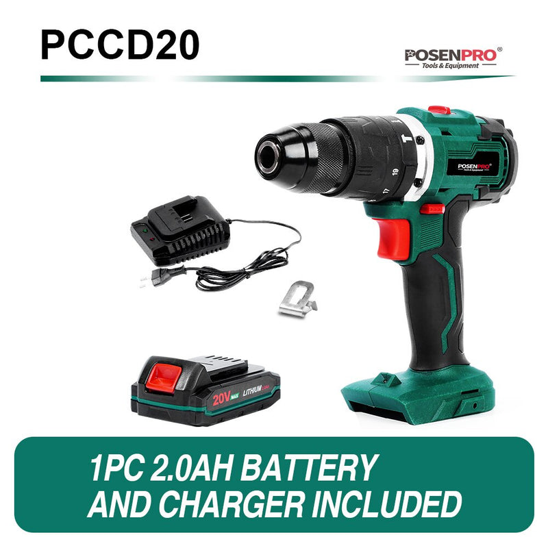 Electric Drill Brushless Cordless Drill 20V 1/2'' All Metal Chuck Cordless Drill Driver Battery 13MM Drill Keyless POSENPRO