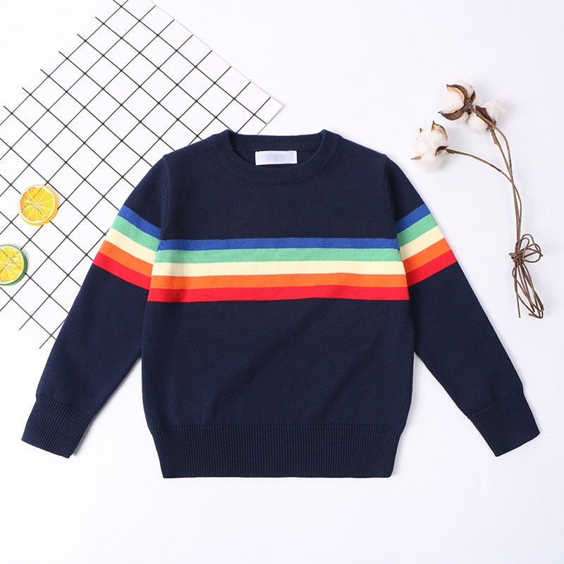 Gestrickter Pullover Kinderkleidung Gestrickter Baby-Jungen-Pullover Baby-Mädchen-Kleid Koreanische Geschwister-Outfit Regenbogenstreifen Warmer Pullover