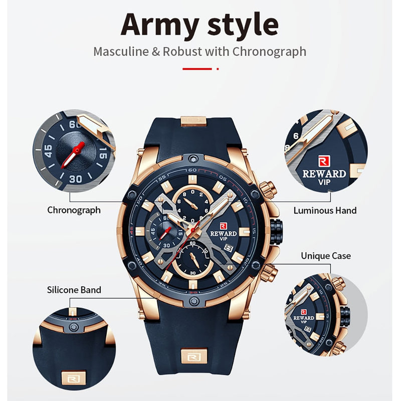 2022 neue BELOHNUNG Herrenuhren blau wasserdicht Top Luxusmarke Chronograph Sportuhr Quarz für Herren Armbanduhr Military Male