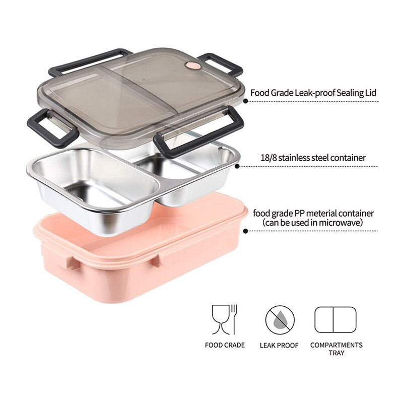 Fiambrera Bento respetuosa con el medio ambiente, a prueba de fugas, fiambrera Bento extraíble de acero inoxidable, contenedor de alimentos con Control de porciones de 2 compartimentos