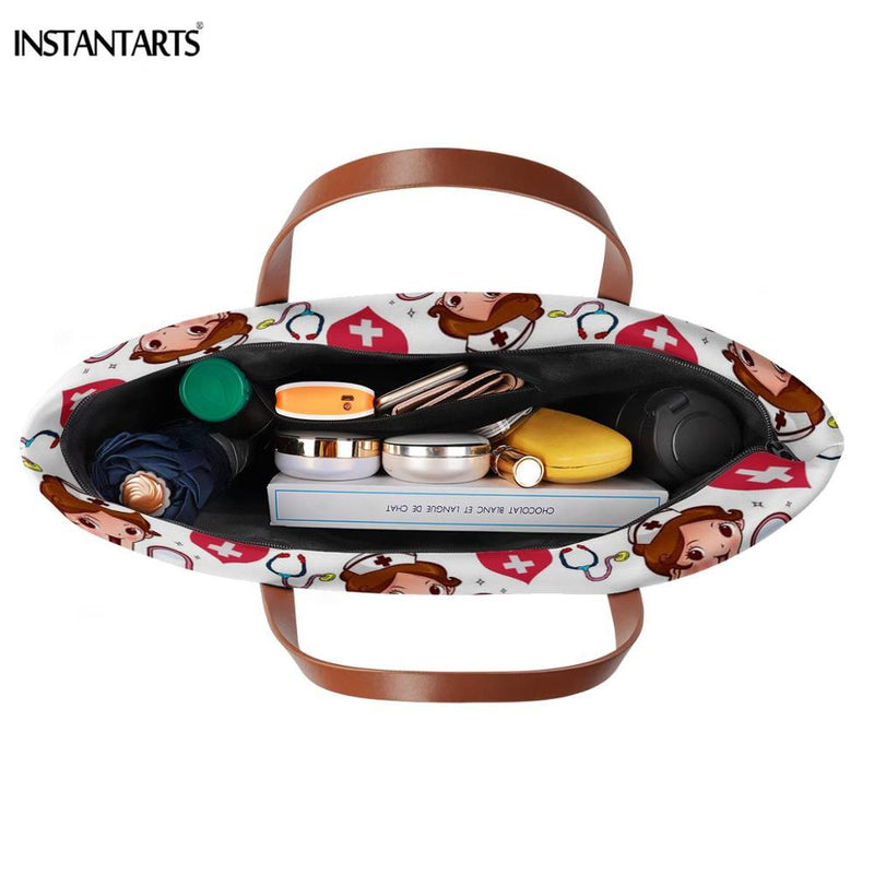 INSTANTARTS Cartoon Nurse Print Women Casual Work Handbags Large Capacity Tote Hospital Paramedical Fashion Travel Shoulder Bag