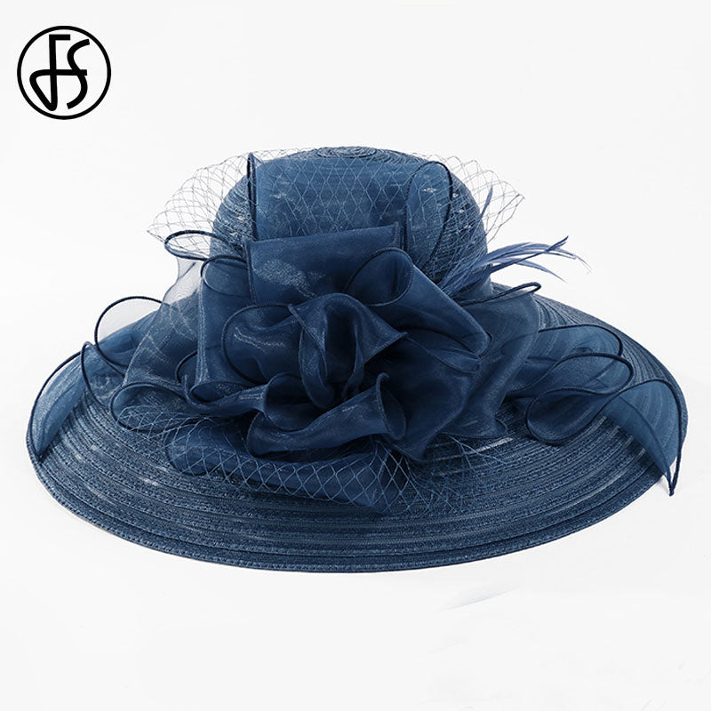 FS negro blanco elegante mujer iglesia sombreros para damas flores ala grande Organza sombrero playa sol Kentucky Derby sombrero Fedora