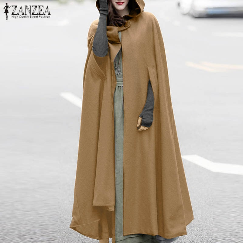 ZANZEA Mujer Poncho Invierno Con Capucha Frente Abierto Capa Suelta Sólido Abrigo Largo Sudaderas Con Capucha Cosplay Outwear Navidad Capa Casual