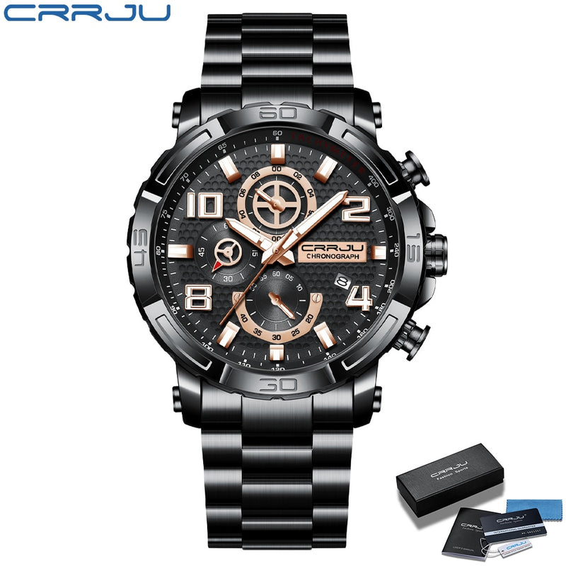 Relojes CRRJU para hombre, esfera grande, resistente al agua, de acero inoxidable, con manecillas luminosas, cronógrafo deportivo, reloj Masculino