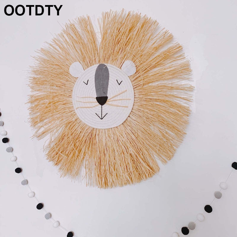 Cartoon Lion Hanging Decorations Handmade Cotton Thread Weaving Animal Head Ornament Kids Room Wall Home Accessory 60cm